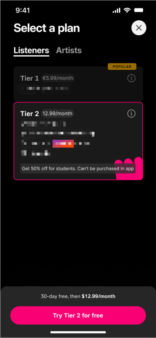 SoundCloud subscription picker design - TIER 2